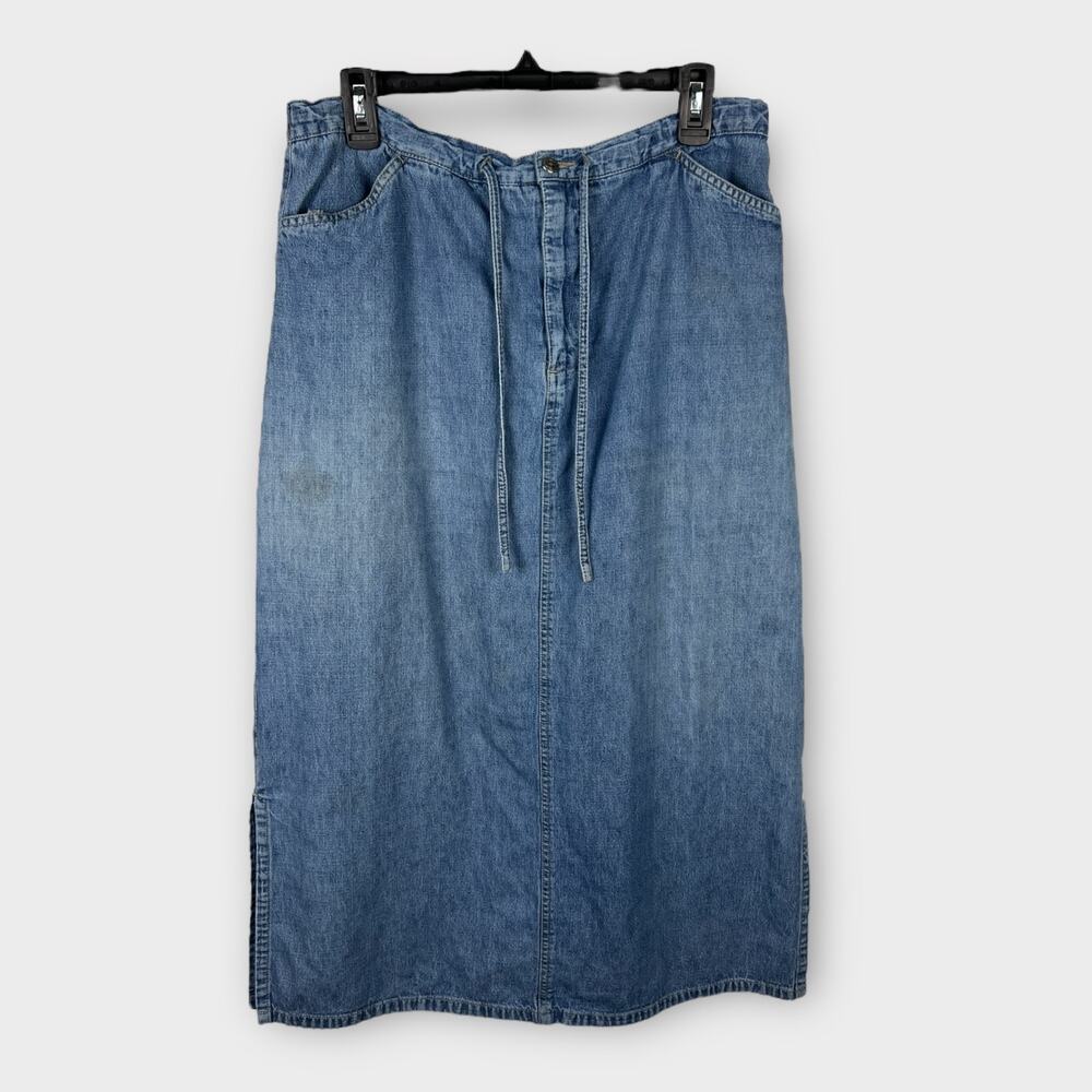 Vintage Denim Midi Skirt Tie Waist Modest‎ Boho Jean Skirt 14